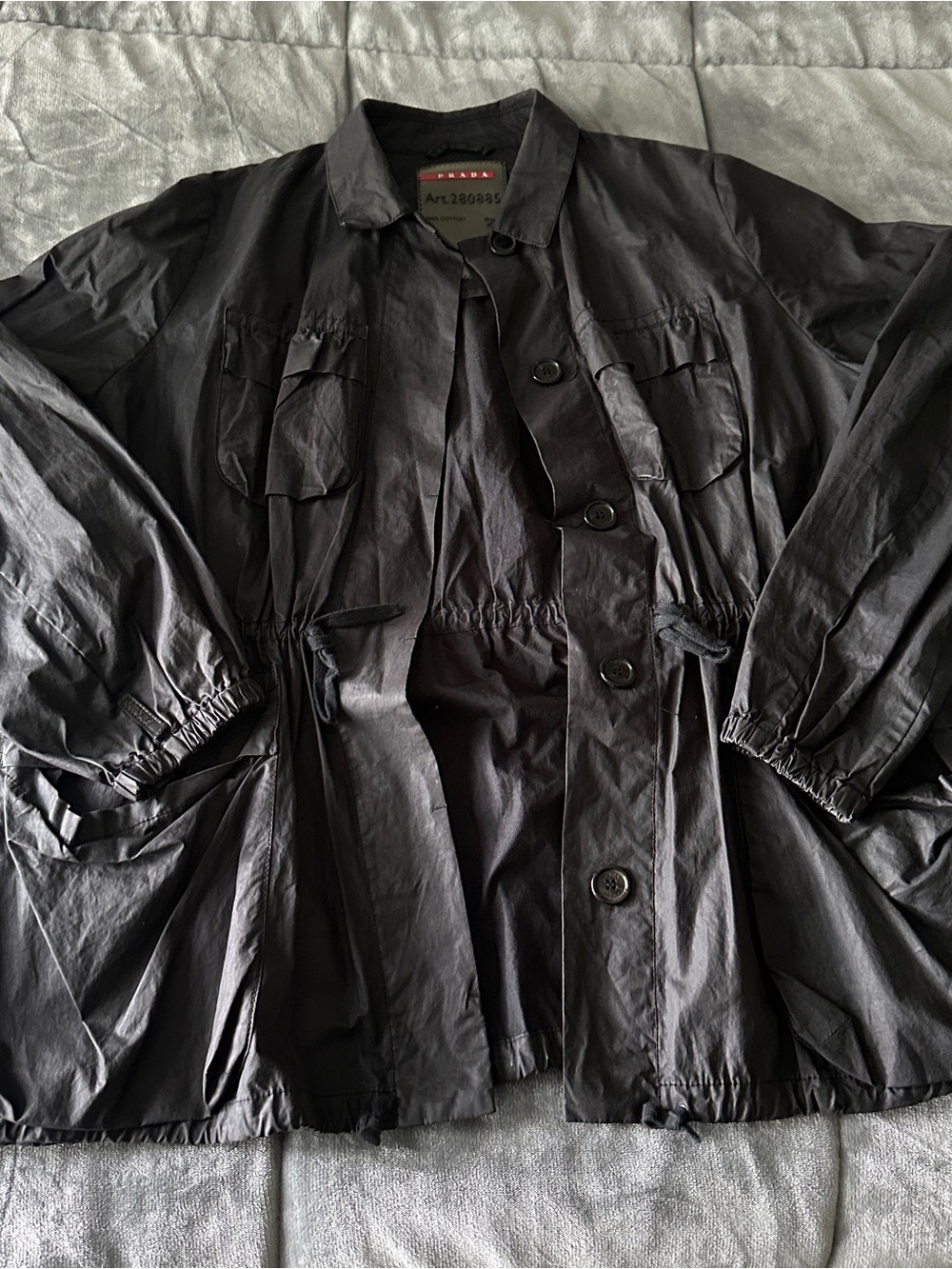 Prada Black Button-Front Cotton Jacket with Red Logo Tag